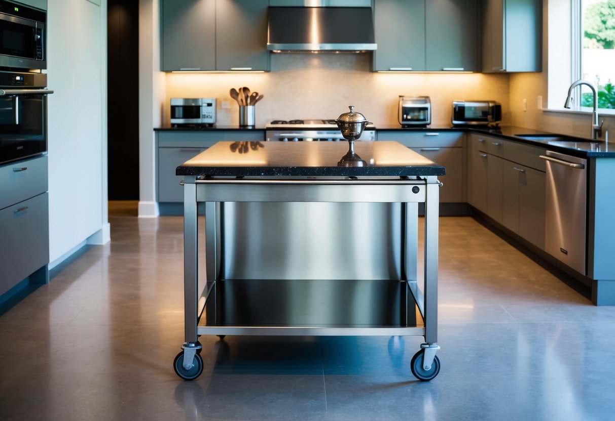 A sleek, compact rolling kitchen cart with a polished granite top sits in the center of a spacious, modern kitchen. The cart is surrounded by various kitchen island ideas, including built-in appliances and clever storage solutions