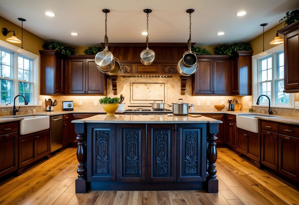 A traditional kitchen island with decorative carvings sits in the center of a spacious kitchen, surrounded by hanging pots and pans and a warm, inviting atmosphere