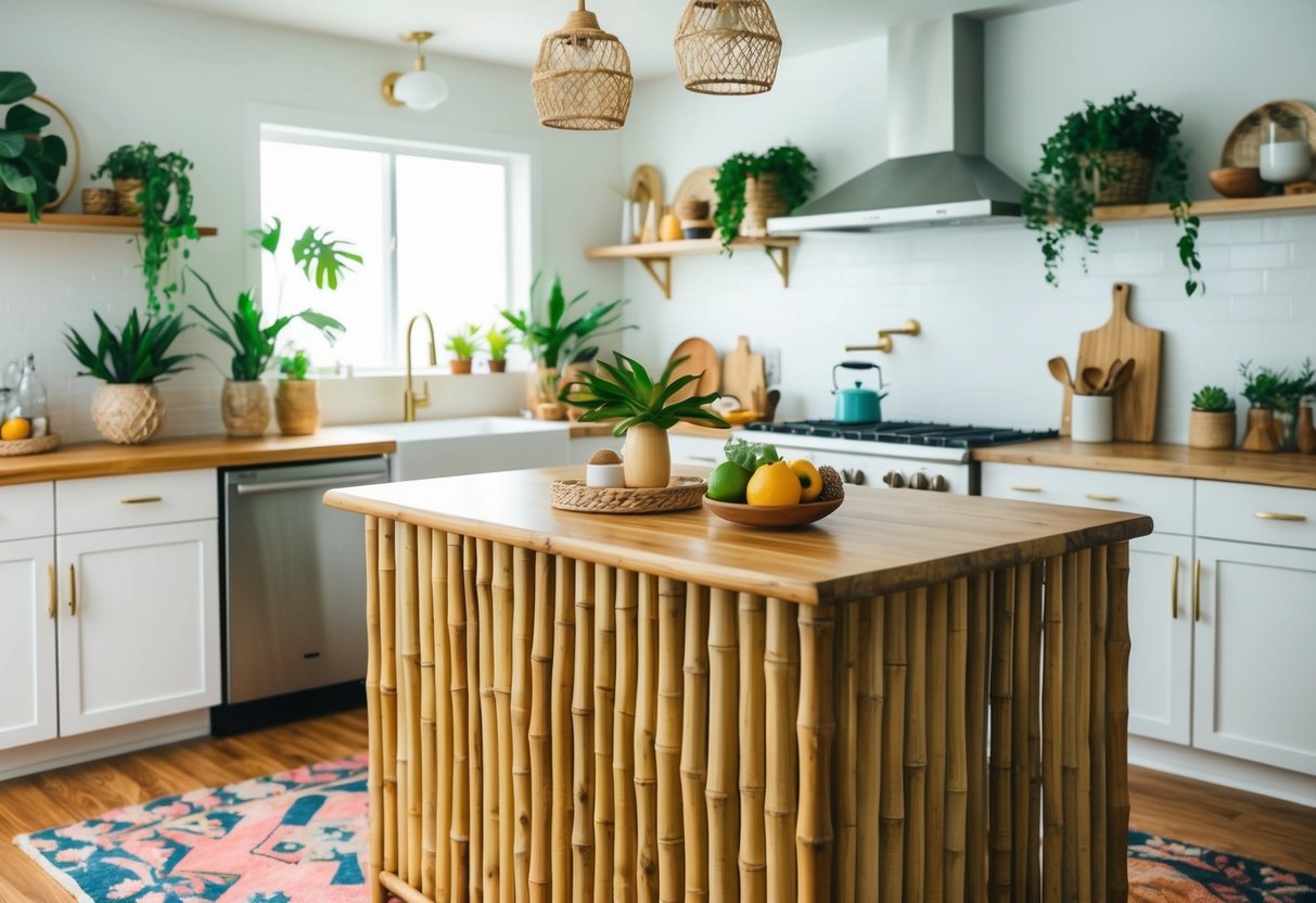 A bamboo kitchen island with boho chic decor, adorned with plants and colorful kitchen accessories