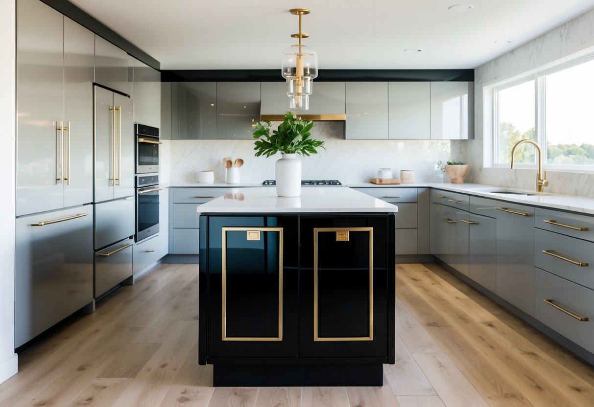 A glossy black kitchen island with gold hardware stands in a modern kitchen, surrounded by sleek appliances and minimalist decor