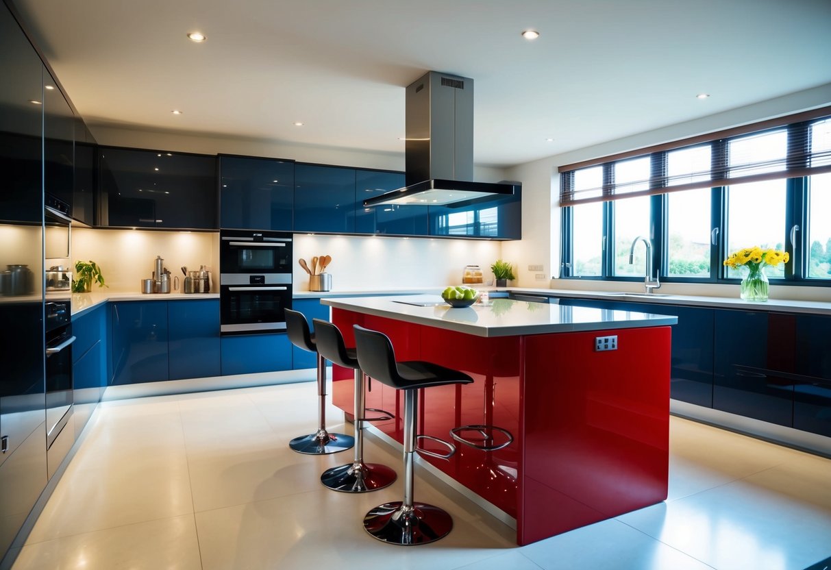 A high-gloss red kitchen island with a breakfast bar, surrounded by modern kitchen appliances and sleek countertops