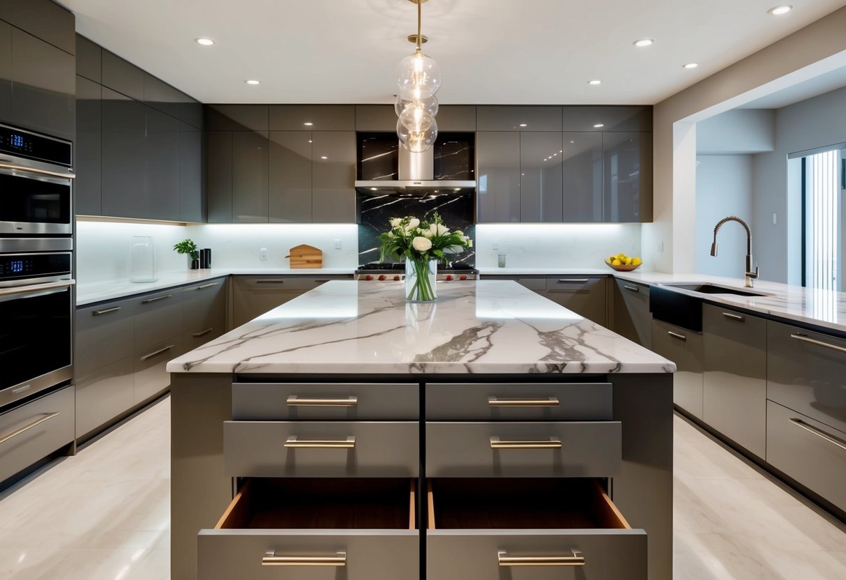 A marble-topped kitchen island with drawers sits in the center of a spacious, well-lit kitchen, surrounded by modern appliances and sleek, minimalist decor