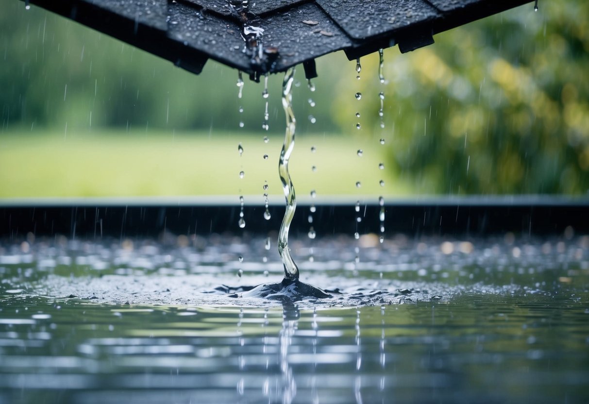 Rainwater drips from a damaged roof, forming puddles on the floor below