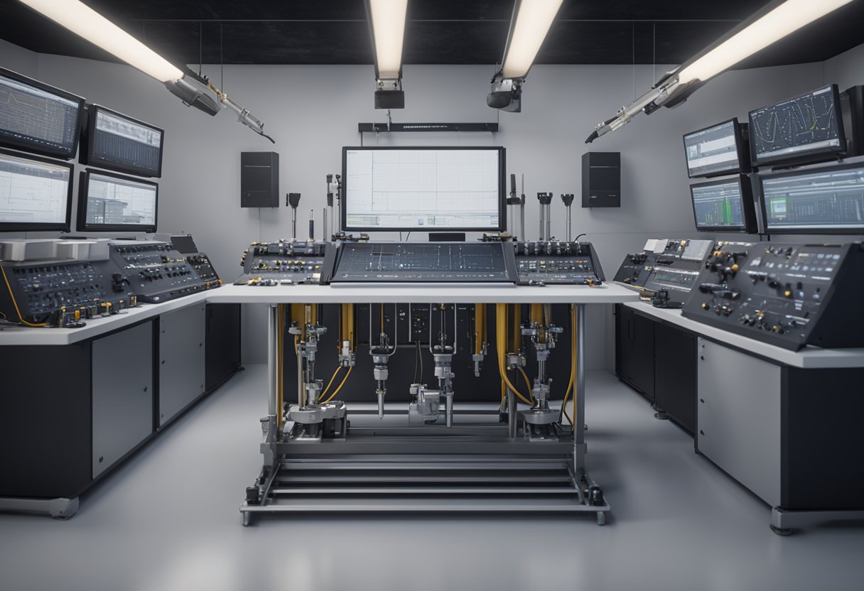 A precision instrument being calibrated in a controlled environment, with various tools and gauges surrounding it