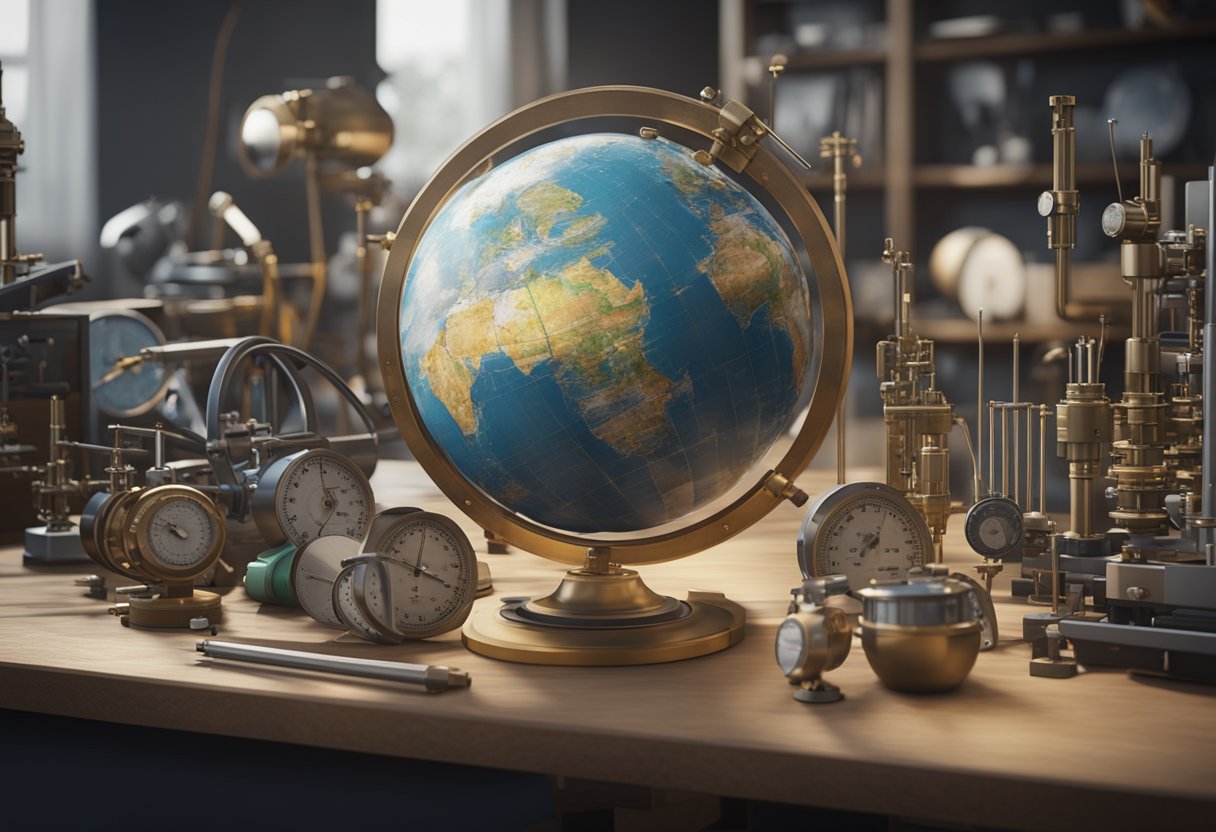 A globe surrounded by various measuring instruments and devices, representing the concept of international metrology