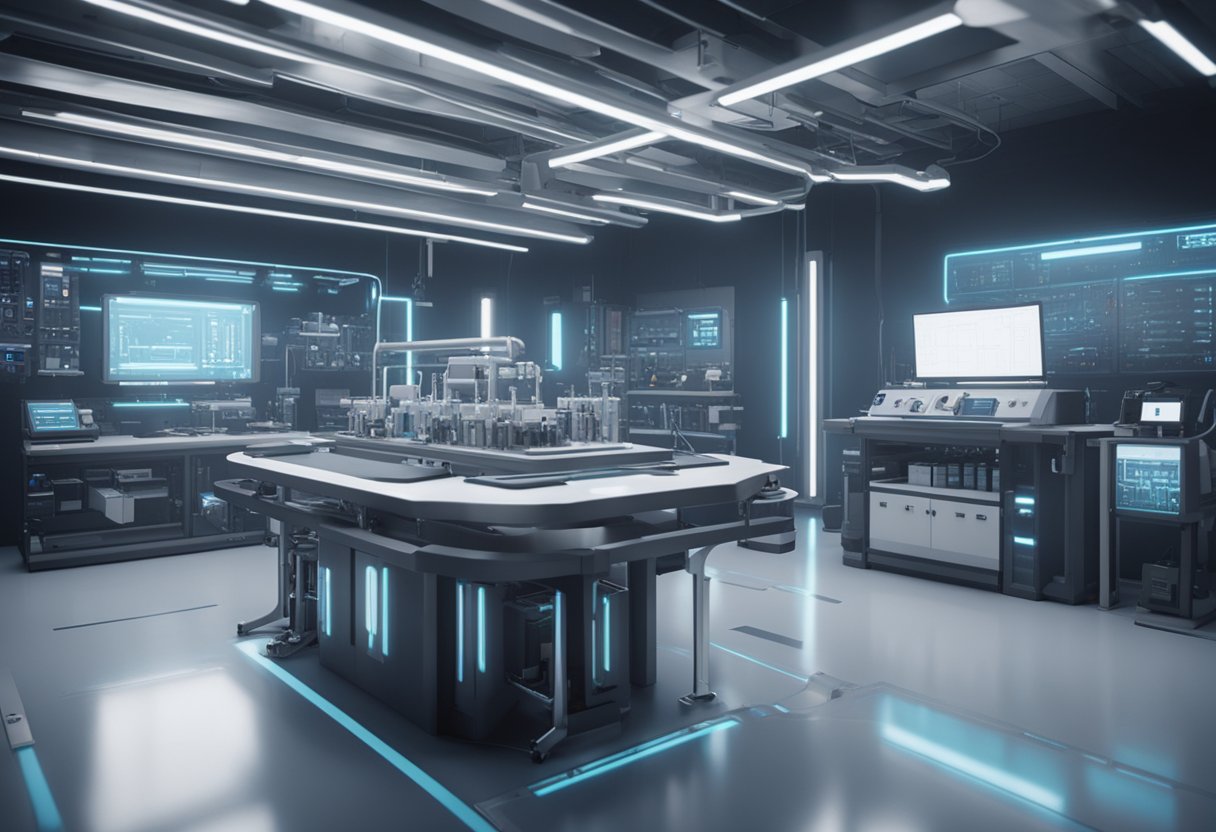 A futuristic laboratory with advanced measuring equipment and high-tech tools