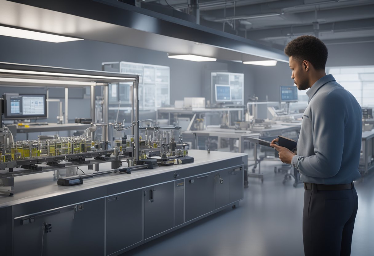 A safety inspector calibrating equipment in a laboratory