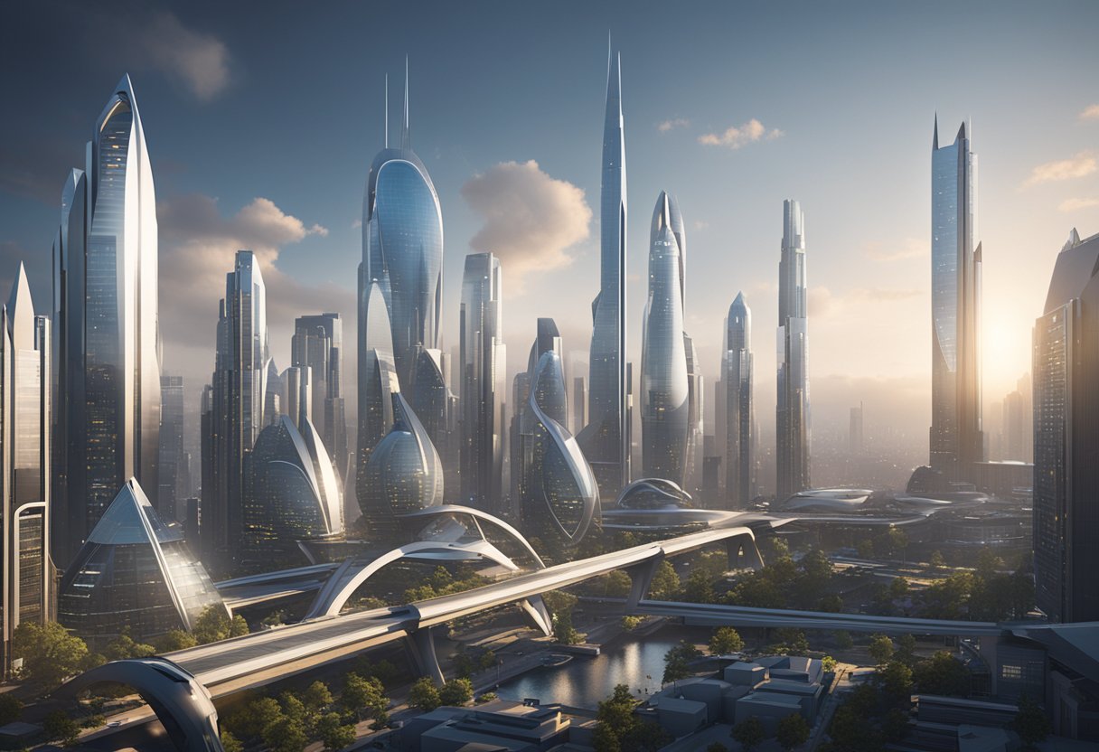 A futuristic city skyline with sleek, advanced buildings and high-tech transportation systems