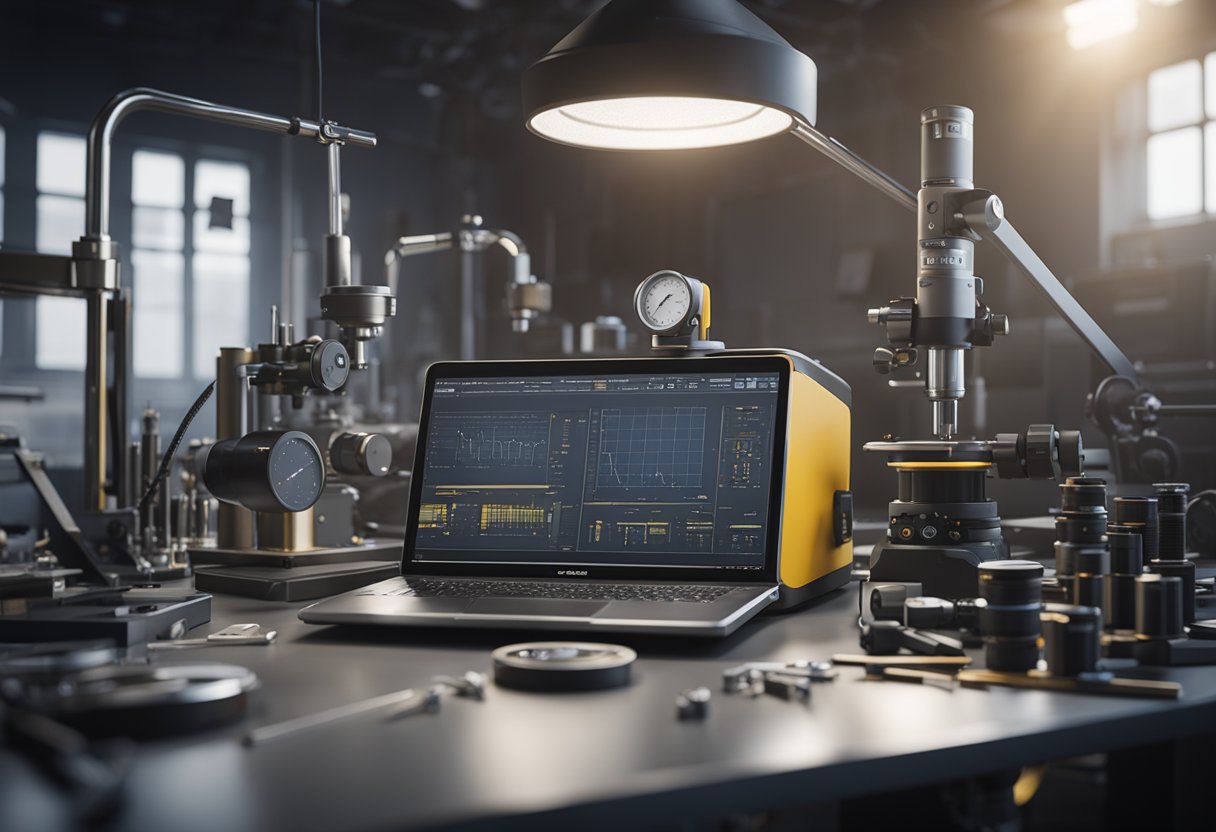 A precision measuring instrument surrounded by various calibration tools and equipment in a well-lit laboratory setting