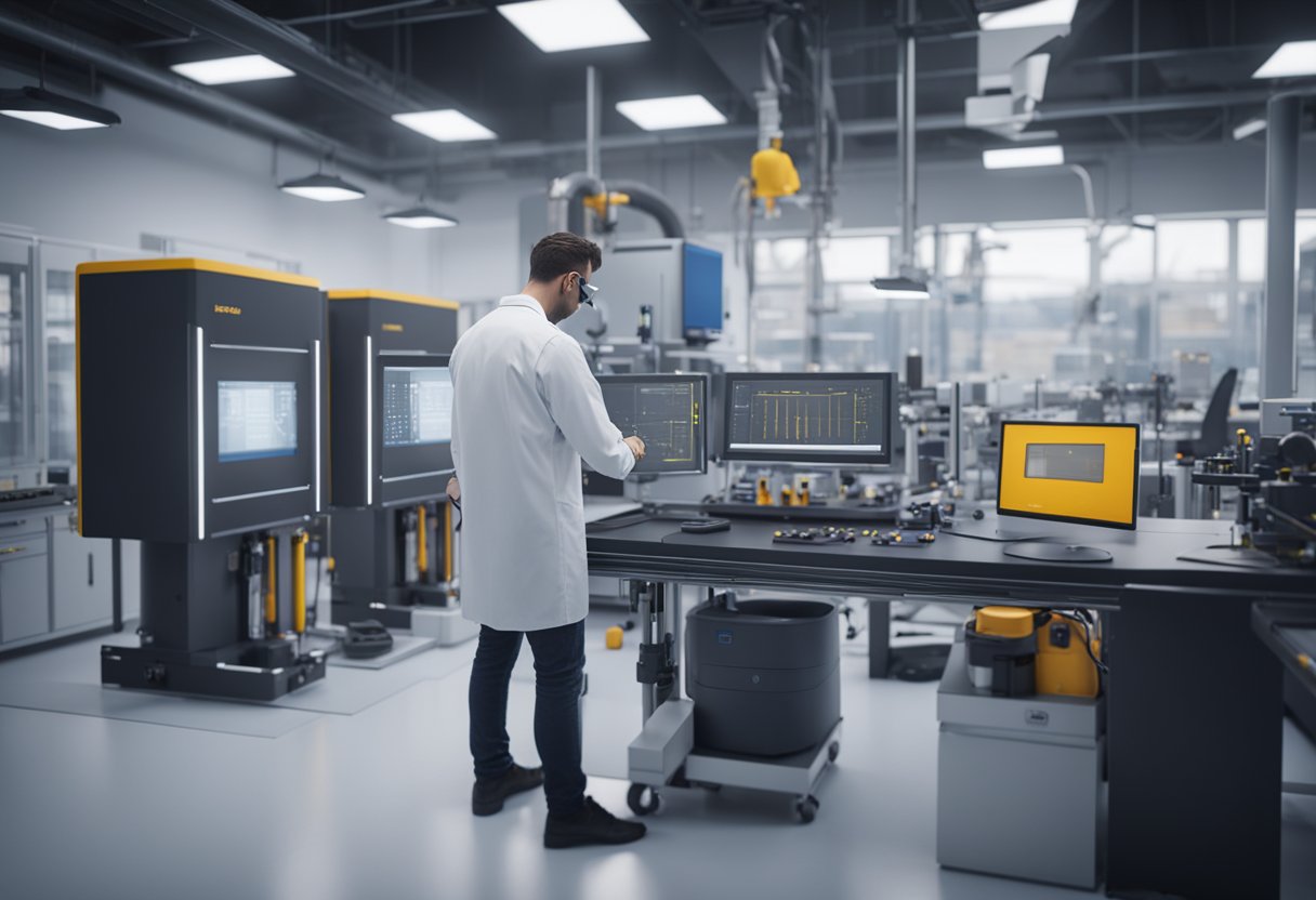 A technician operates precision measuring equipment in a modern laboratory, surrounded by advanced technology and tools