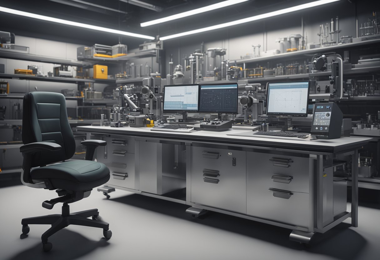 A metrologist calibrates precision instruments in a laboratory setting, surrounded by measurement tools and technical equipment