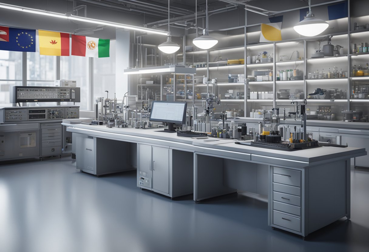 A laboratory with precision instruments and measurement tools, alongside international flags and logos of standardization organizations