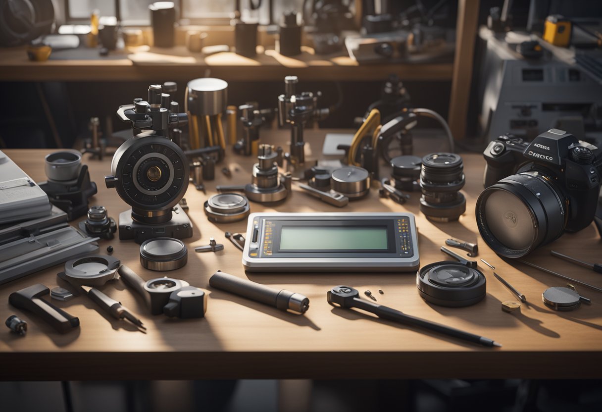 A precision measuring instrument sits on a clean, well-lit workbench, surrounded by various tools and components