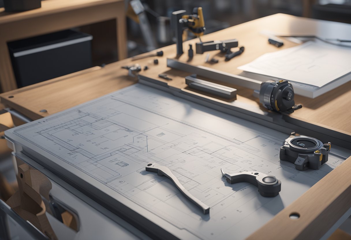 A precision measuring instrument with calibration tools and a detailed technical drawing on a clean, well-lit workbench