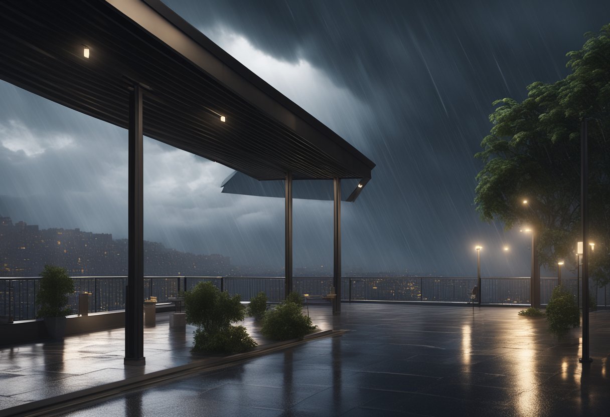 A dark stormy sky looms over a cityscape, with rain pouring down and lightning flashing in the distance. The wind blows fiercely, causing trees to sway and umbrellas to turn inside out