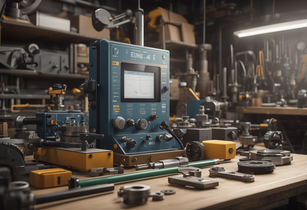 A precision measuring instrument surrounded by various tools and machinery in a well-lit workshop