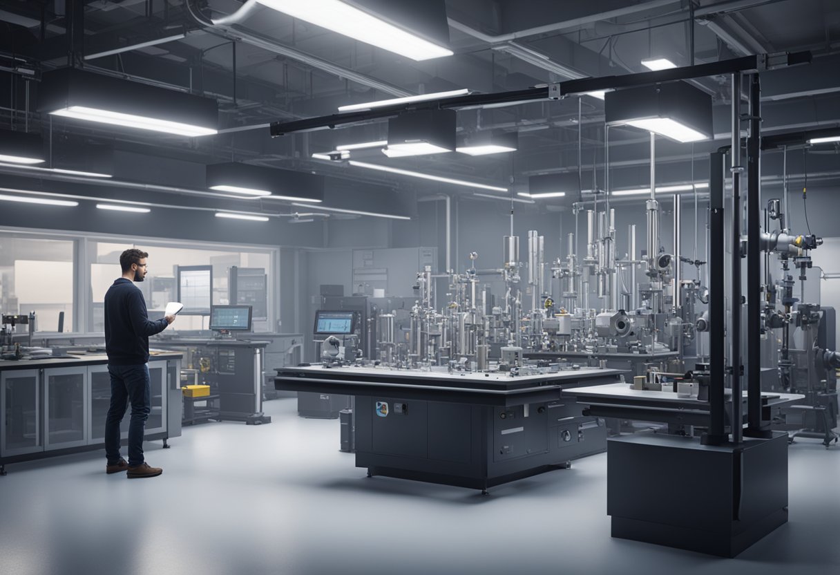 A metrology engineer using precision instruments to measure and analyze mechanical components in a well-lit laboratory setting