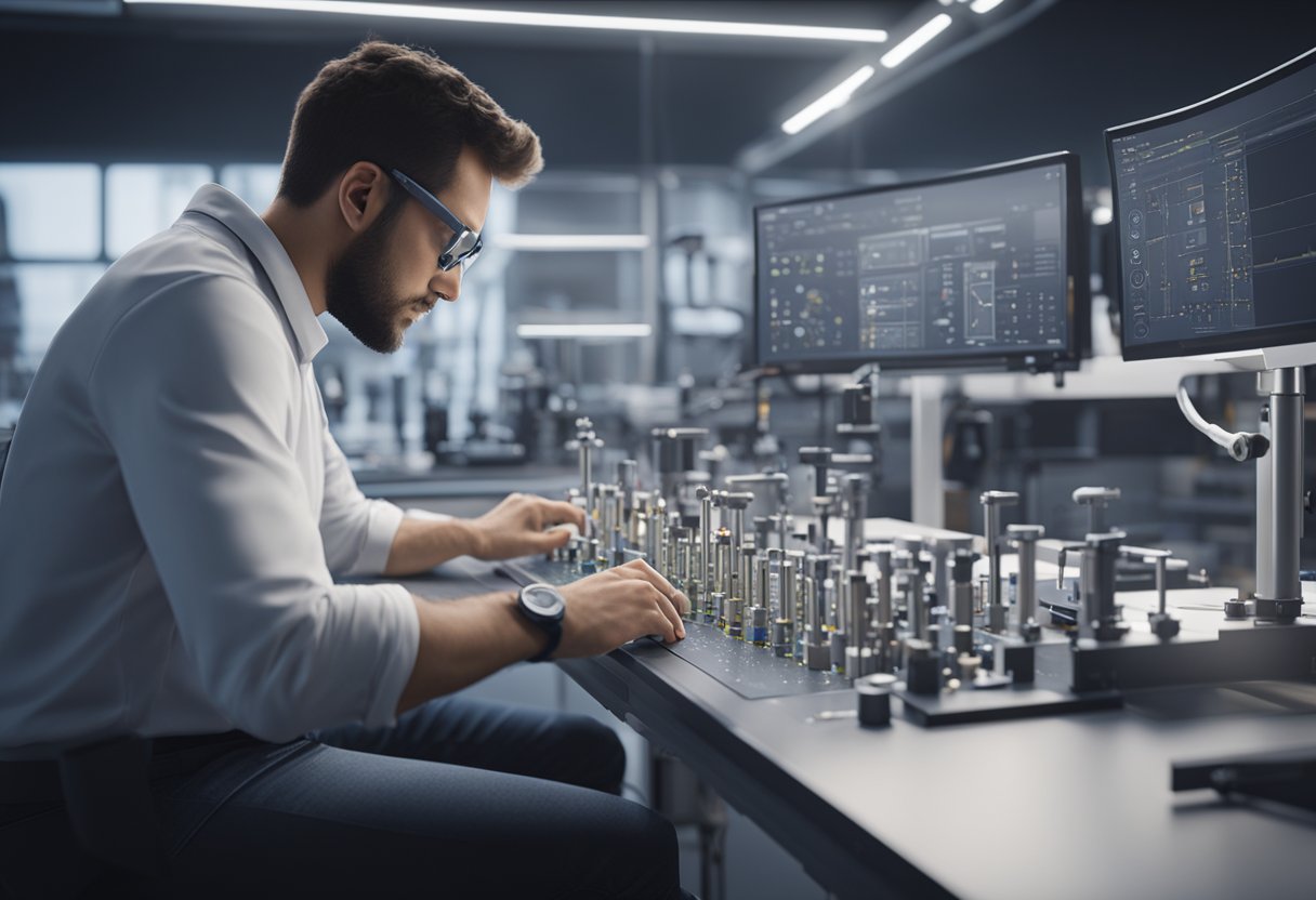 A metrology engineer calibrating precision instruments in a high-tech laboratory