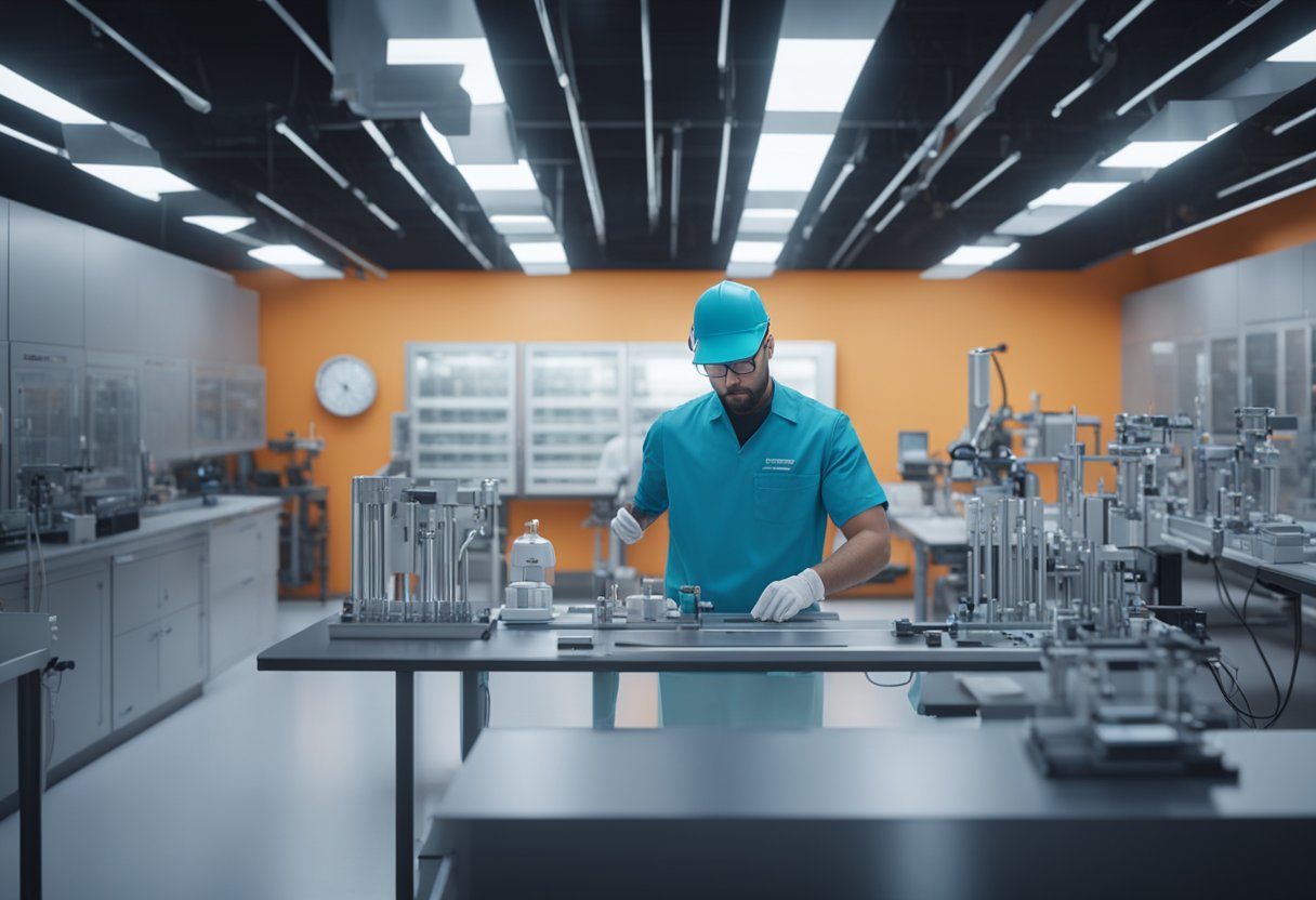 A metrology technician calibrates precision instruments in a sterile lab environment under bright fluorescent lighting