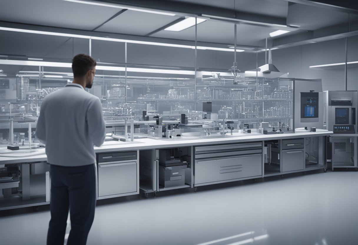 A metrology technician calibrating precision instruments in a sterile laboratory setting