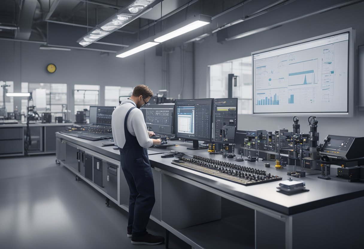 A metrology technician calibrating precision instruments in a laboratory setting