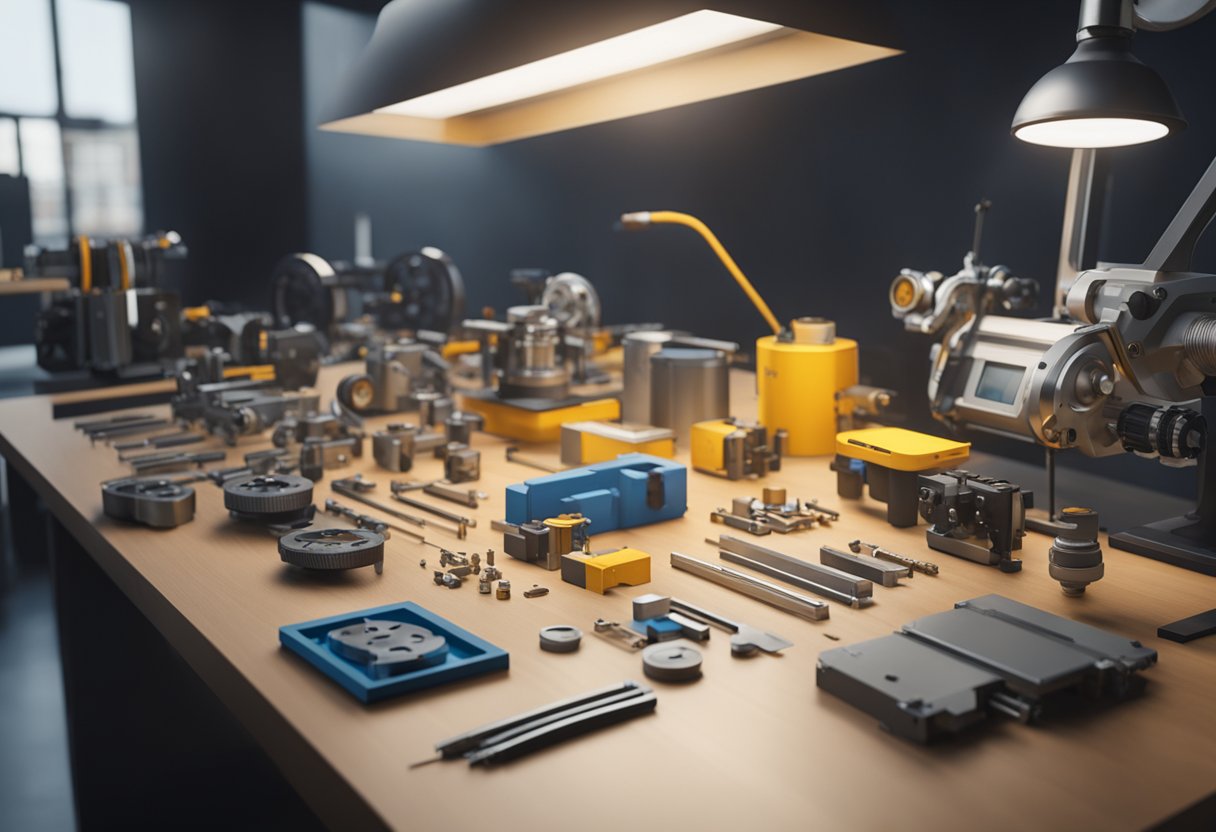 A table covered in precision measurement tools and equipment. A technician calibrates a micrometer