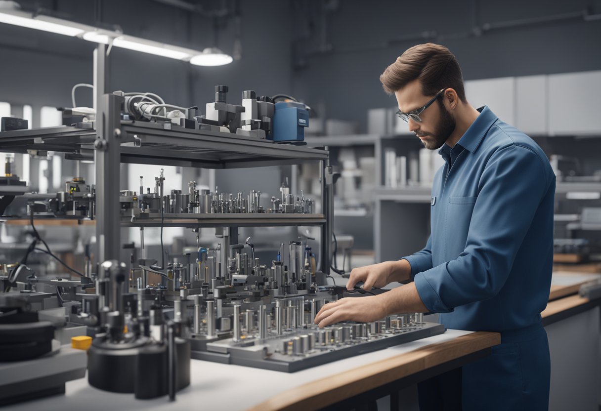 A metrology technician calibrates precision instruments in a clean, well-lit laboratory. Equipment and tools are meticulously arranged on the workbench