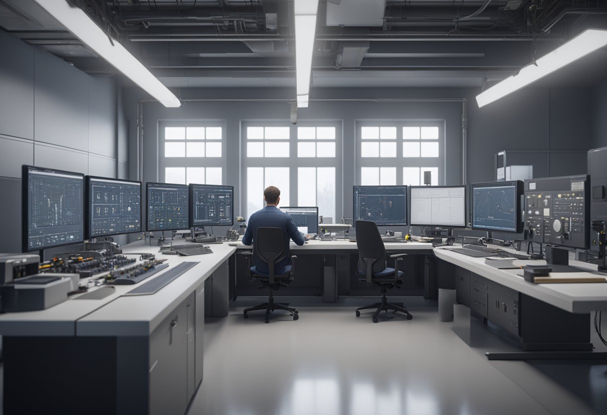 A metrology technician calibrates equipment in a clean and well-lit laboratory, surrounded by precision instruments and computer screens