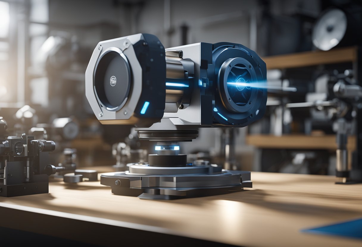 A laser-based optical metrology system measures precise dimensions of a mechanical component on a clean, well-lit workbench