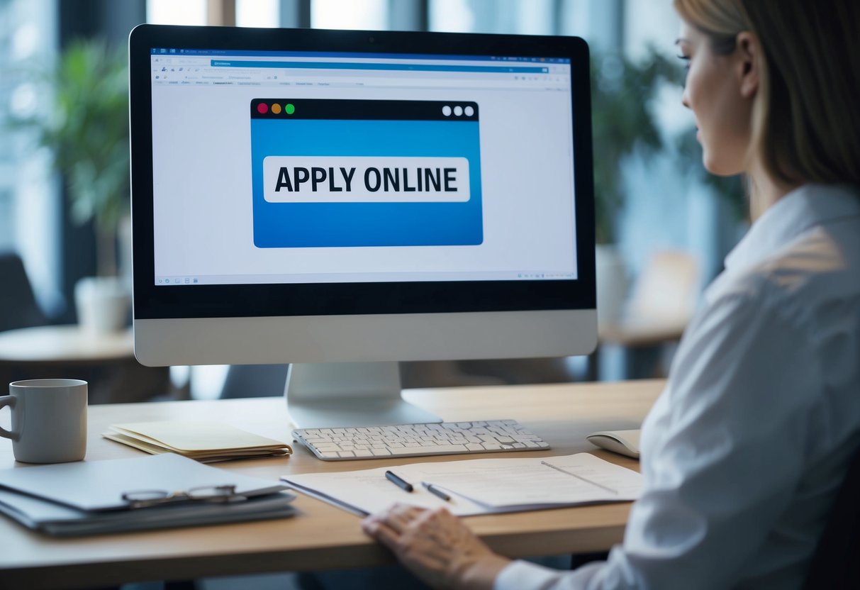 A desk with a computer, chair, and papers. A "Apply Online" button on the screen