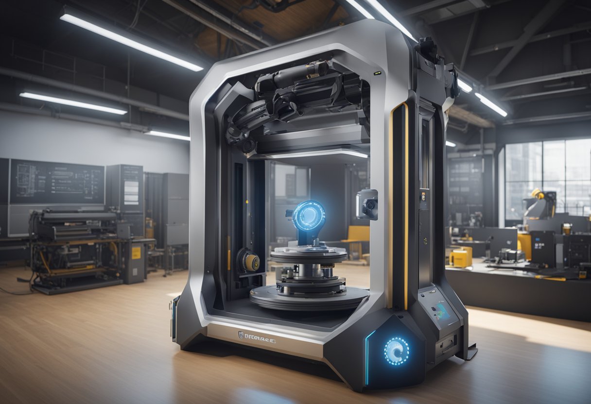 A 3D scanner captures precise measurements of a complex mechanical part, surrounded by cutting-edge metrology equipment and advanced technology