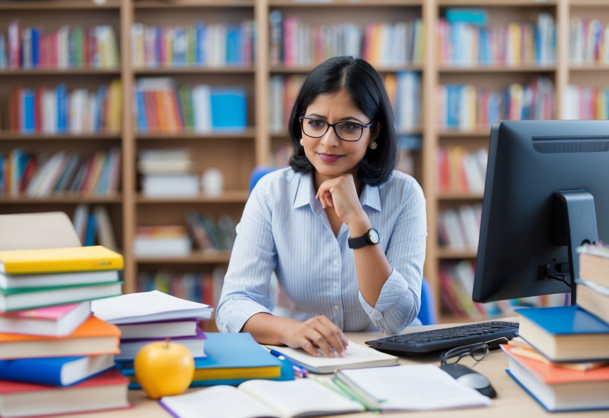 A teacher surrounded by books and educational materials, checking the HTET Notification 2024 on a computer at bseh.org.in