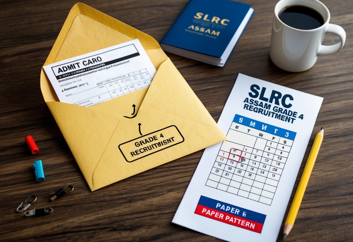 An open envelope revealing an admit card, a calendar with the exam date circled, and a paper displaying the paper pattern for SLRC Assam Grade 4 recruitment