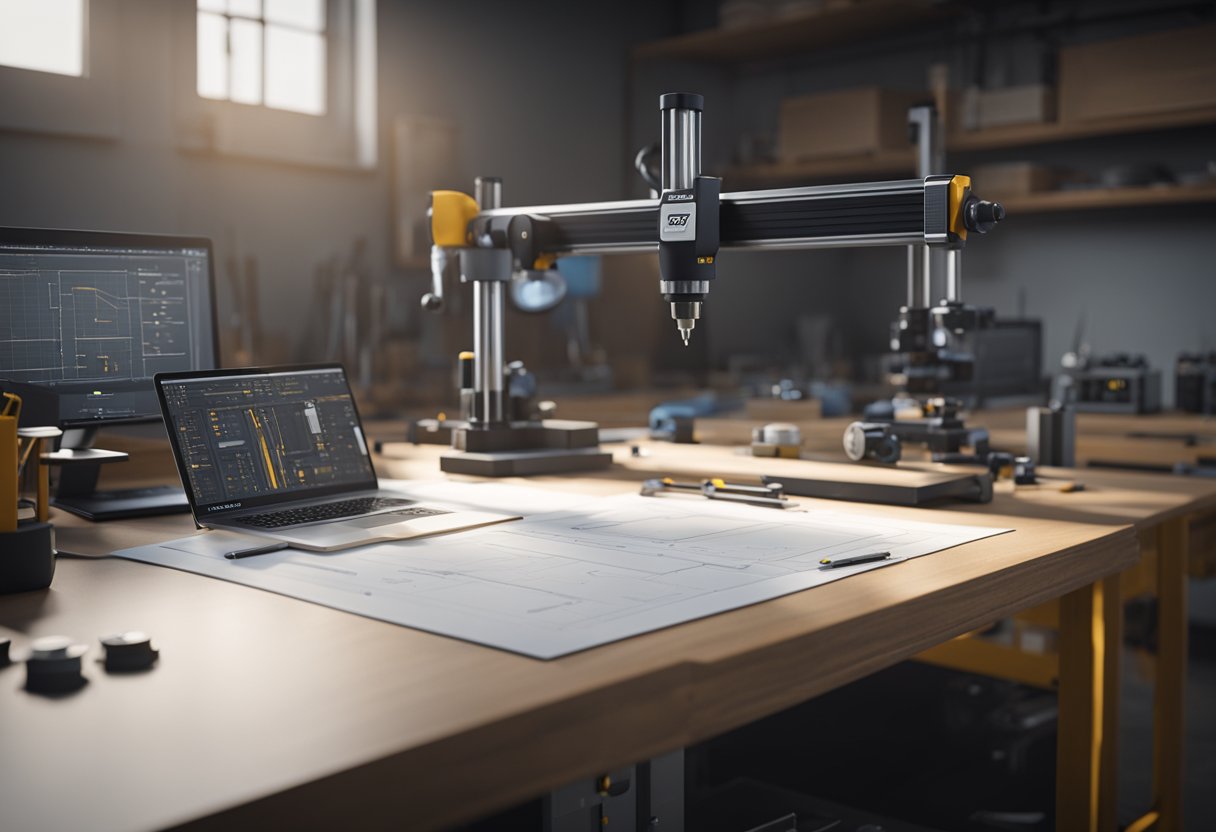 A precision measuring tool sits on a clean, well-lit workbench, surrounded by calibration equipment and technical drawings