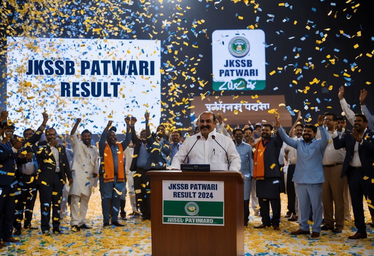 A celebratory scene with confetti falling and a podium displaying the JKSSB Patwari Result 2024