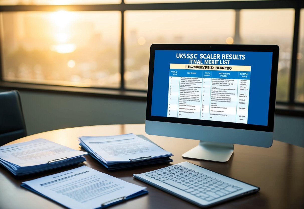 A group of official documents and a computer screen displaying UKSSSC Scaler exam results and final merit list