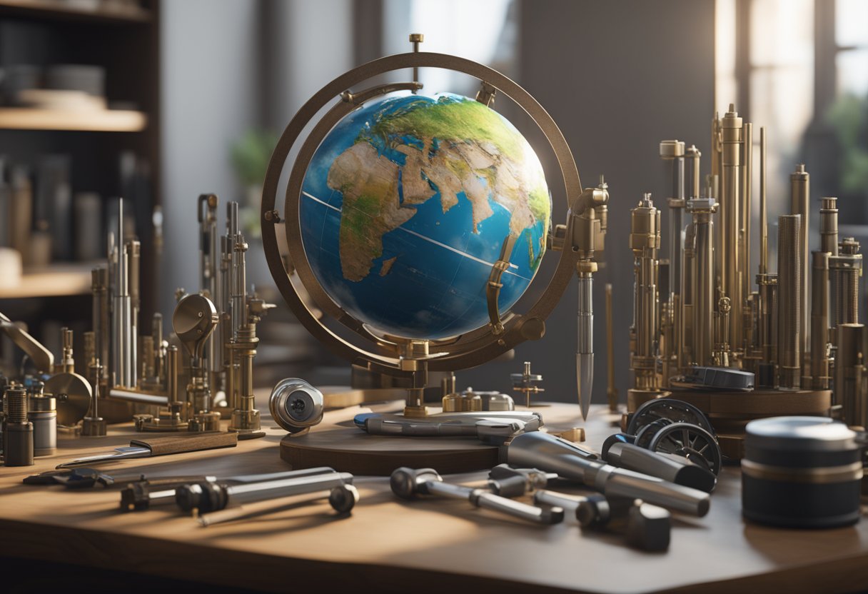 A globe surrounded by measuring tools and precision instruments