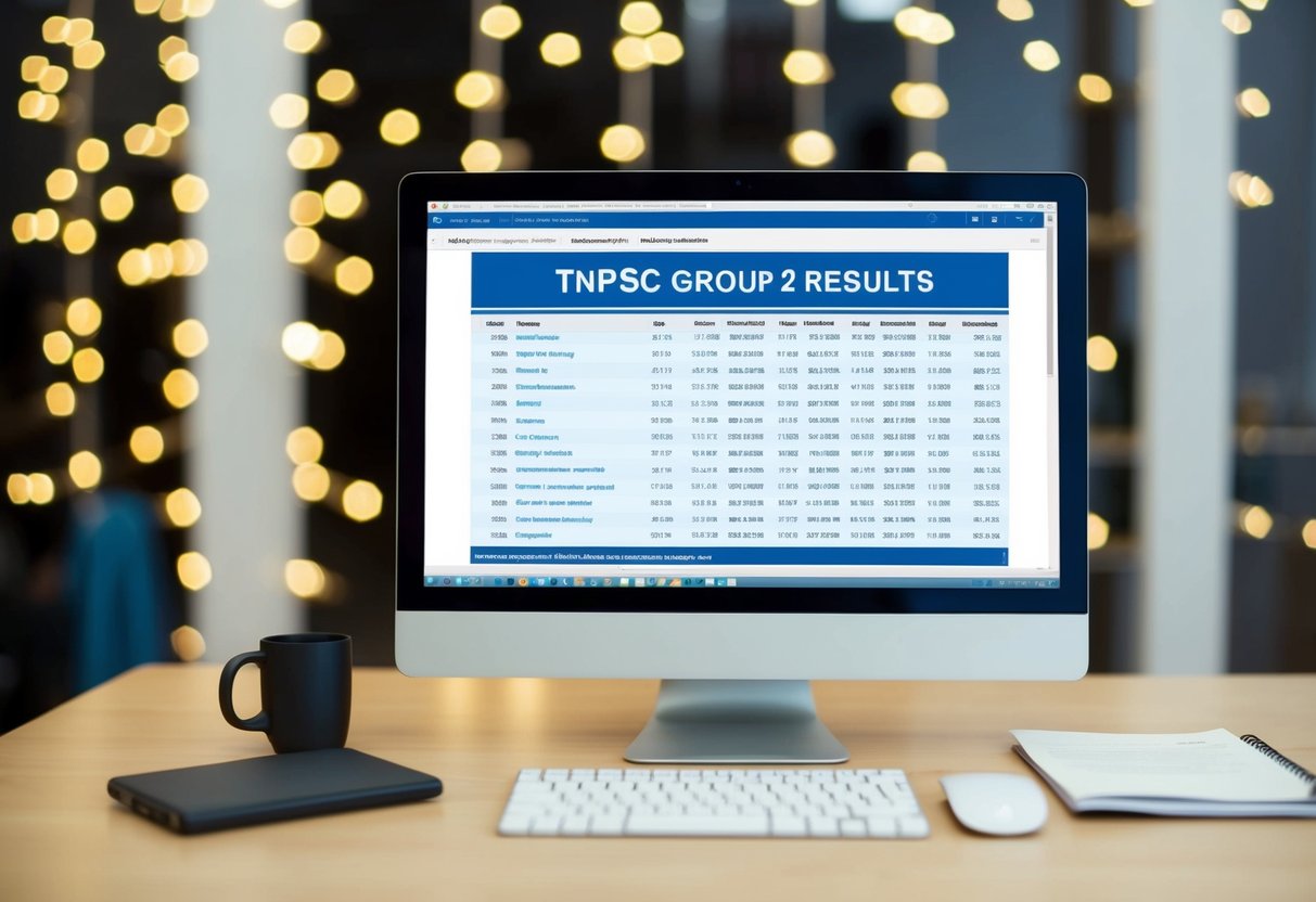 A computer screen displaying TNPSC Group 2 results, with a list of cut-off marks and merit list visible