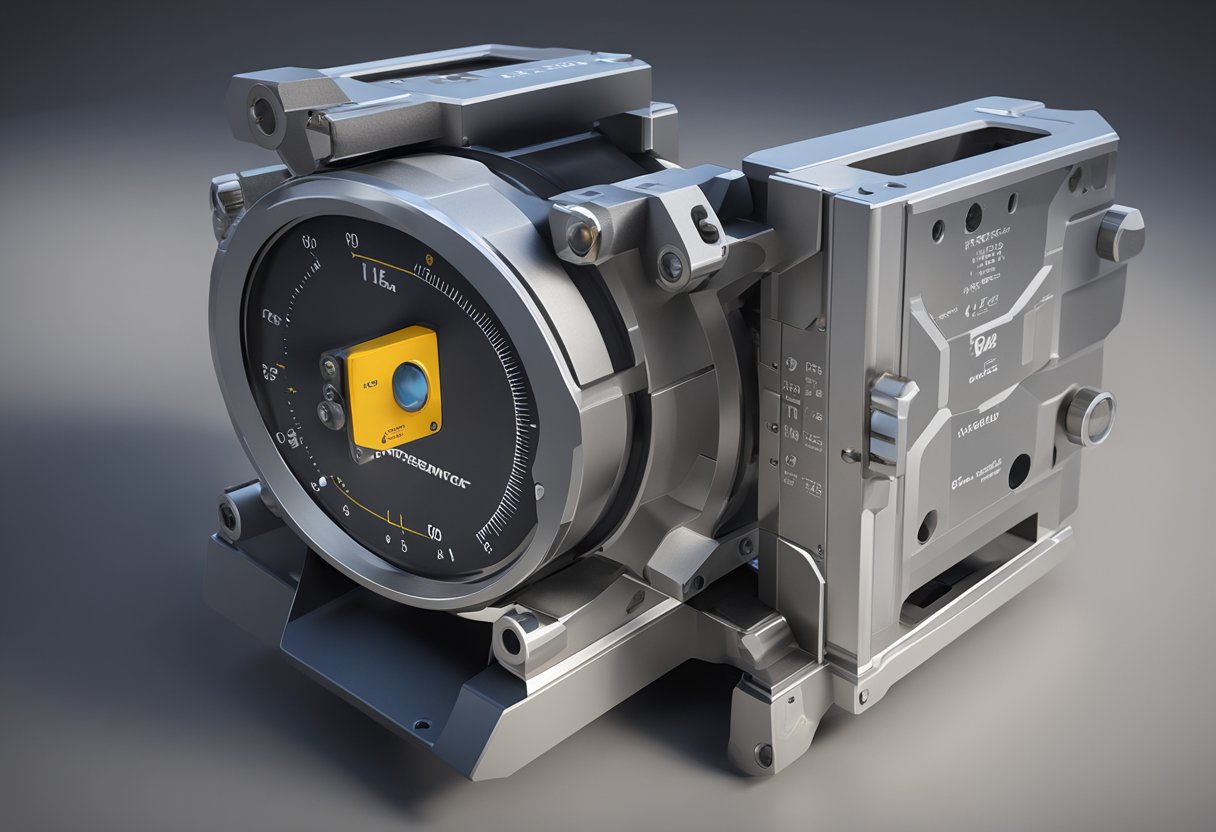 A precision measuring tool with labeled parts and measurements displayed