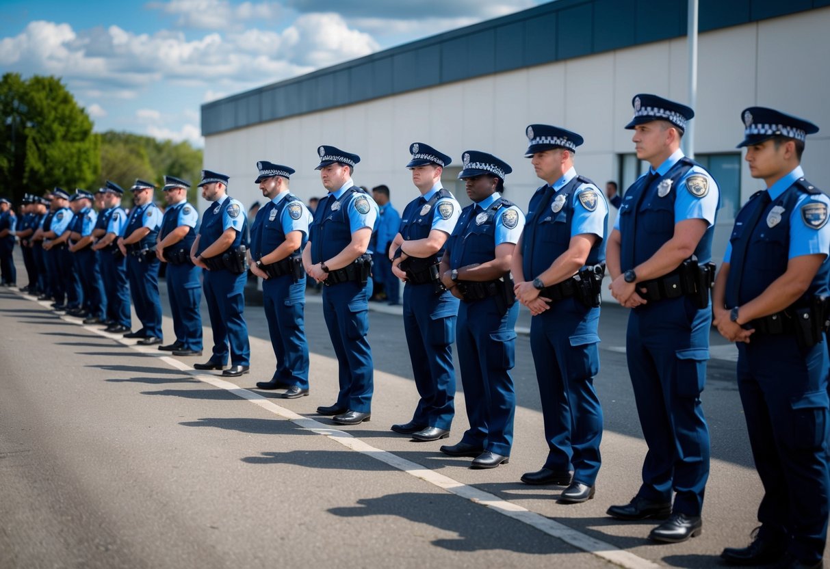 A group of police constable candidates waiting in line outside a testing center, with a mix of anticipation and nervousness in the air