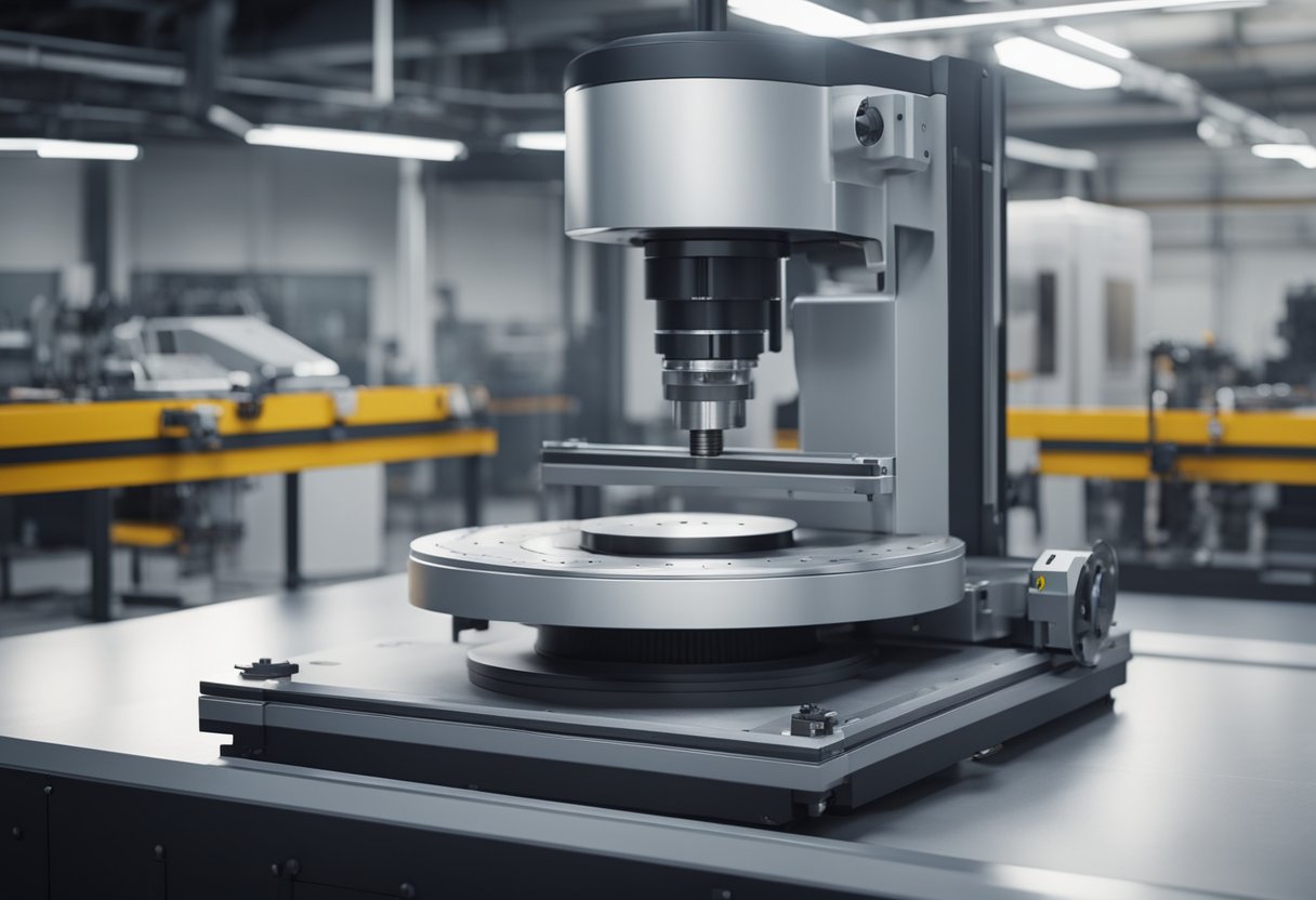 A precision measuring machine scans a complex mechanical part in a high-tech industrial metrology lab