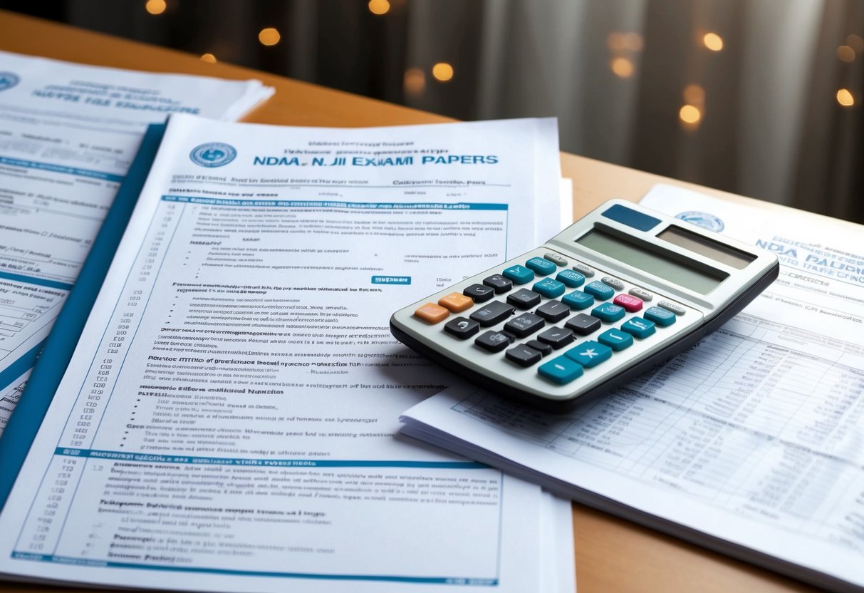 A table with NDA NA II exam papers and a calculator showing cut-off marks