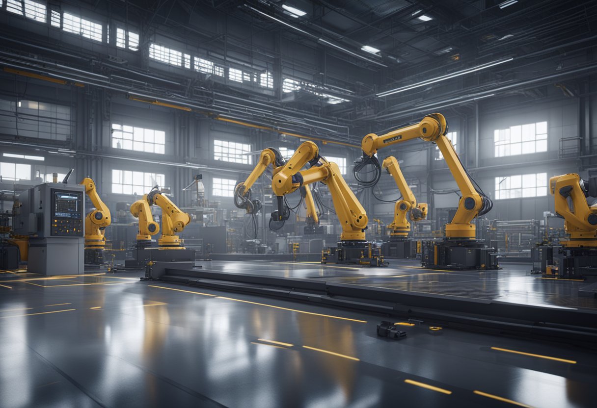 A futuristic factory floor with advanced measuring equipment and robotic arms conducting precise measurements on industrial components