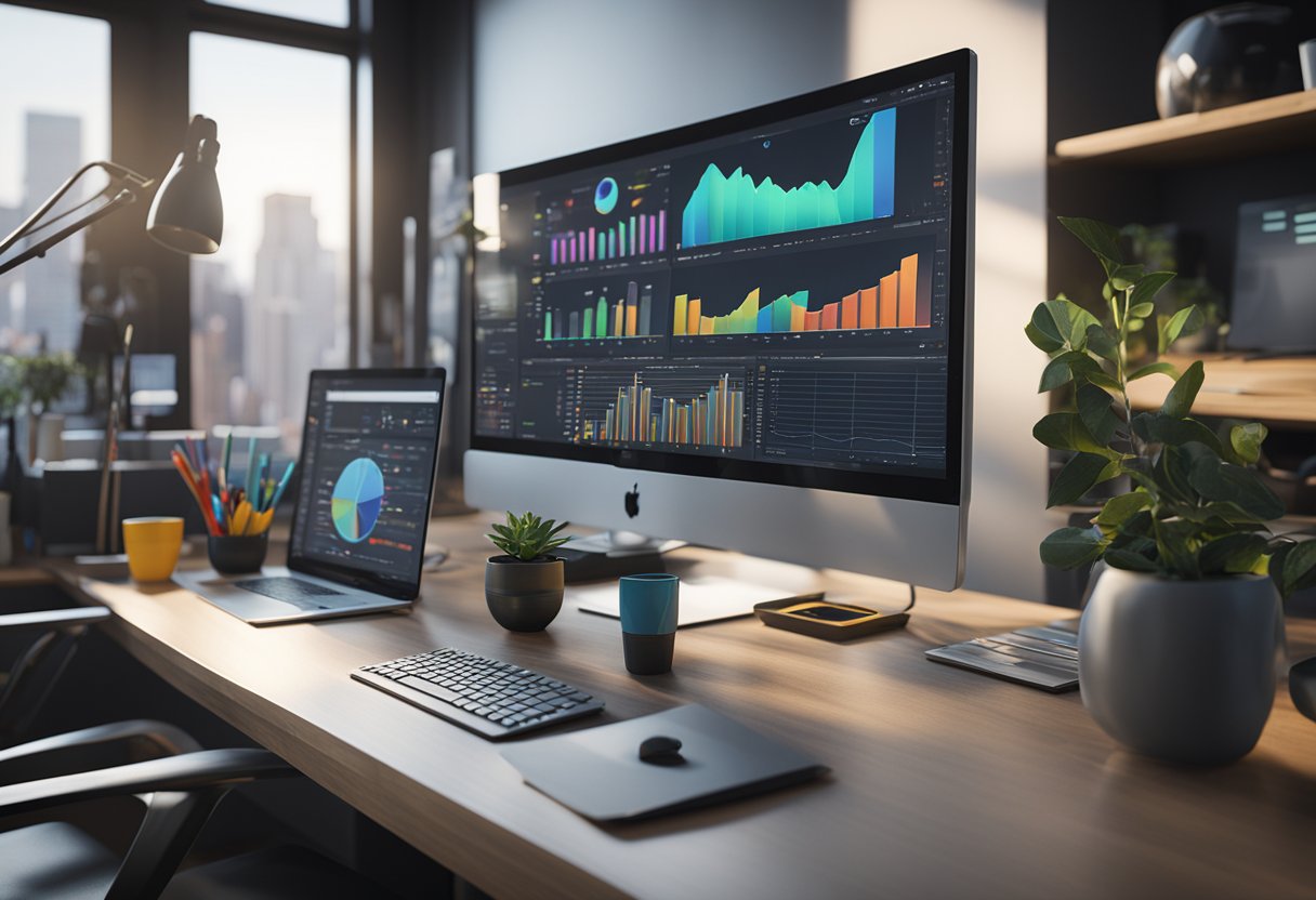 A computer screen displaying colorful graphs and charts, surrounded by various measurement tools and equipment in a clean, organized workspace