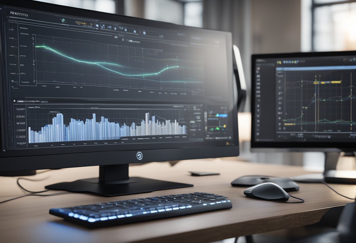 A computer monitor displaying metrology software with various measurement tools and data analysis graphs