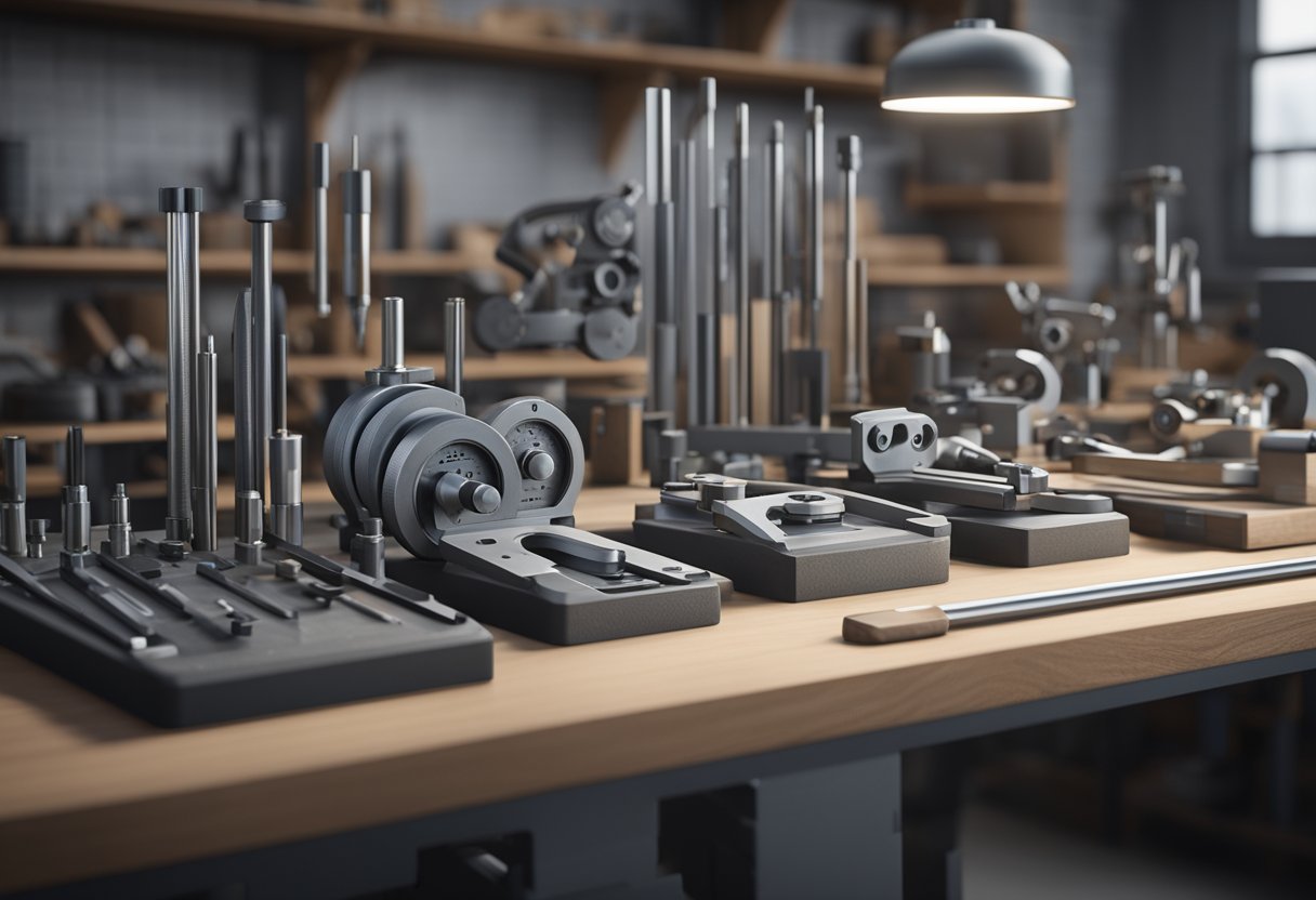 A set of metrology tools arranged on a clean, well-lit workbench. Calipers, micrometers, and gauges are neatly organized and ready for use