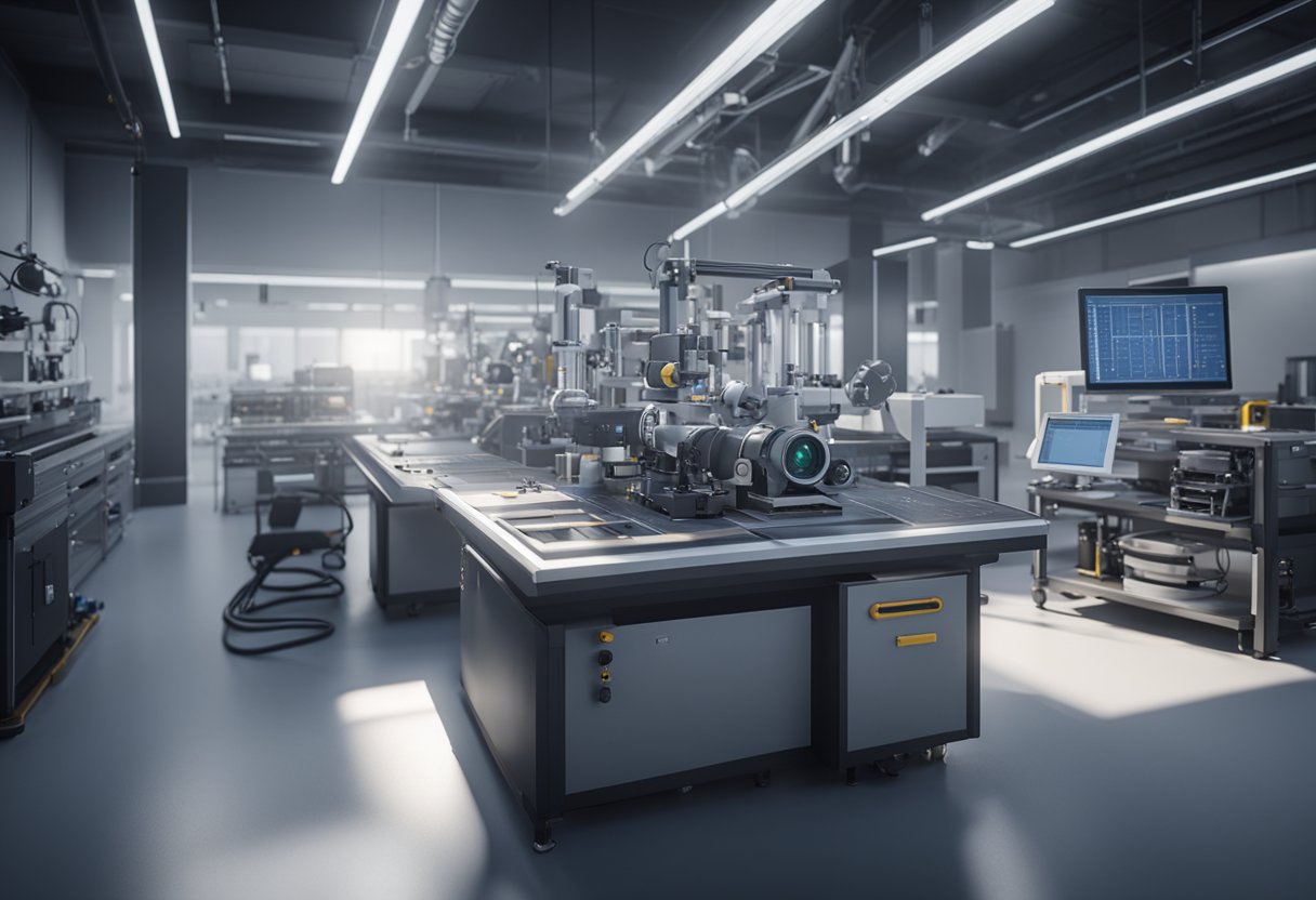 A technician calibrates precision metrology tools in a modern laboratory setting, surrounded by advanced equipment and technology