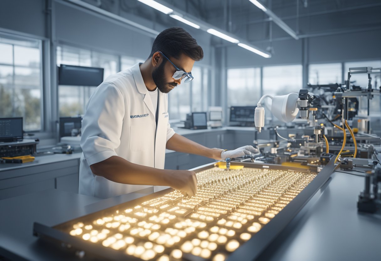 A technician measures semiconductor components with precision instruments in a clean, brightly lit laboratory