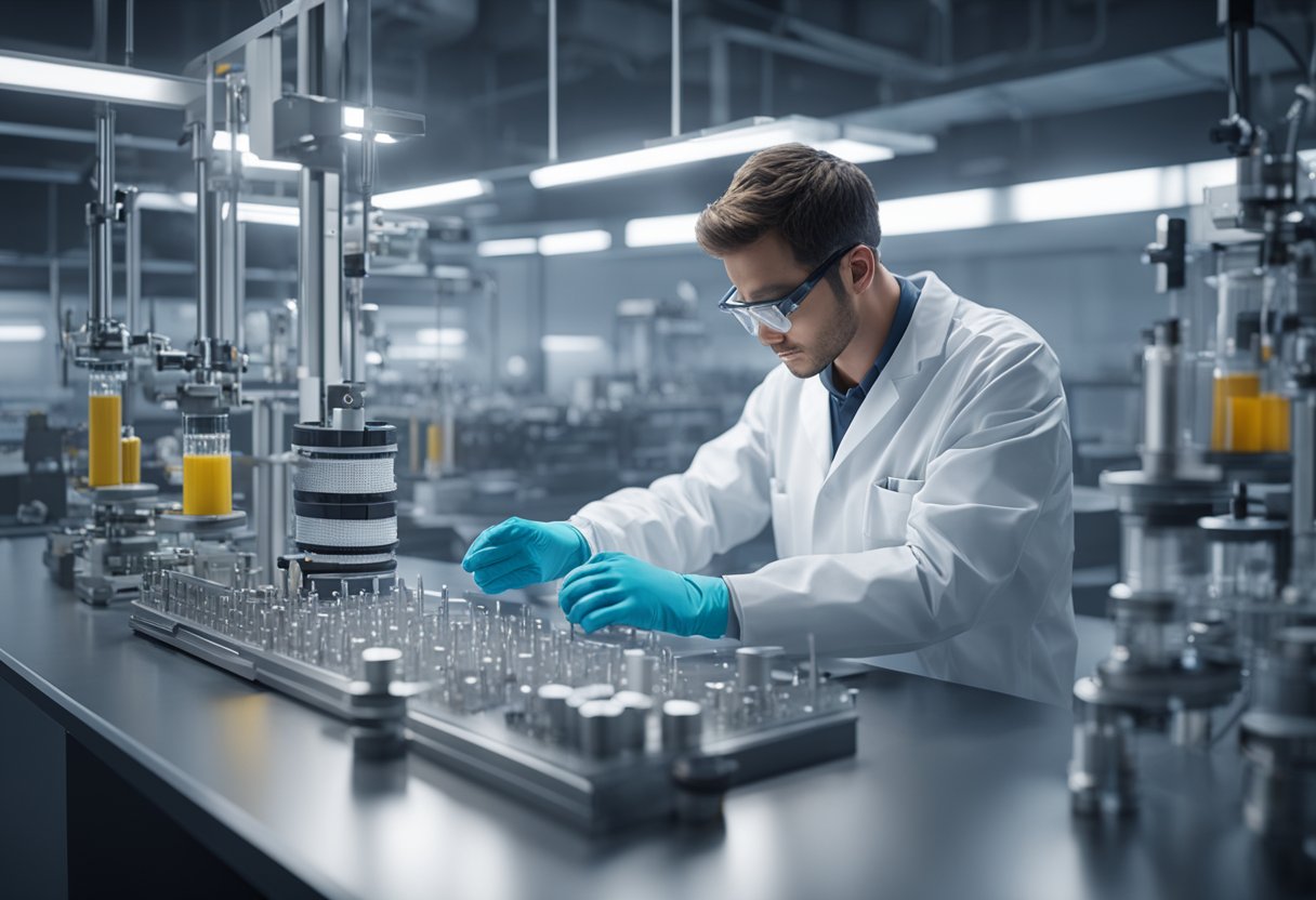 A technician measures semiconductor components with precision instruments in a sterile laboratory setting