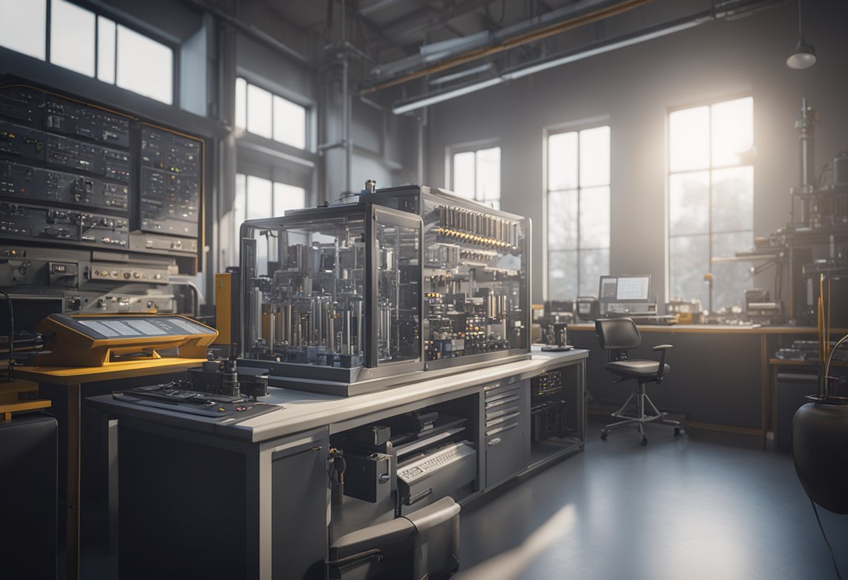 A precision measuring instrument surrounded by various calibration tools and equipment in a well-lit laboratory setting